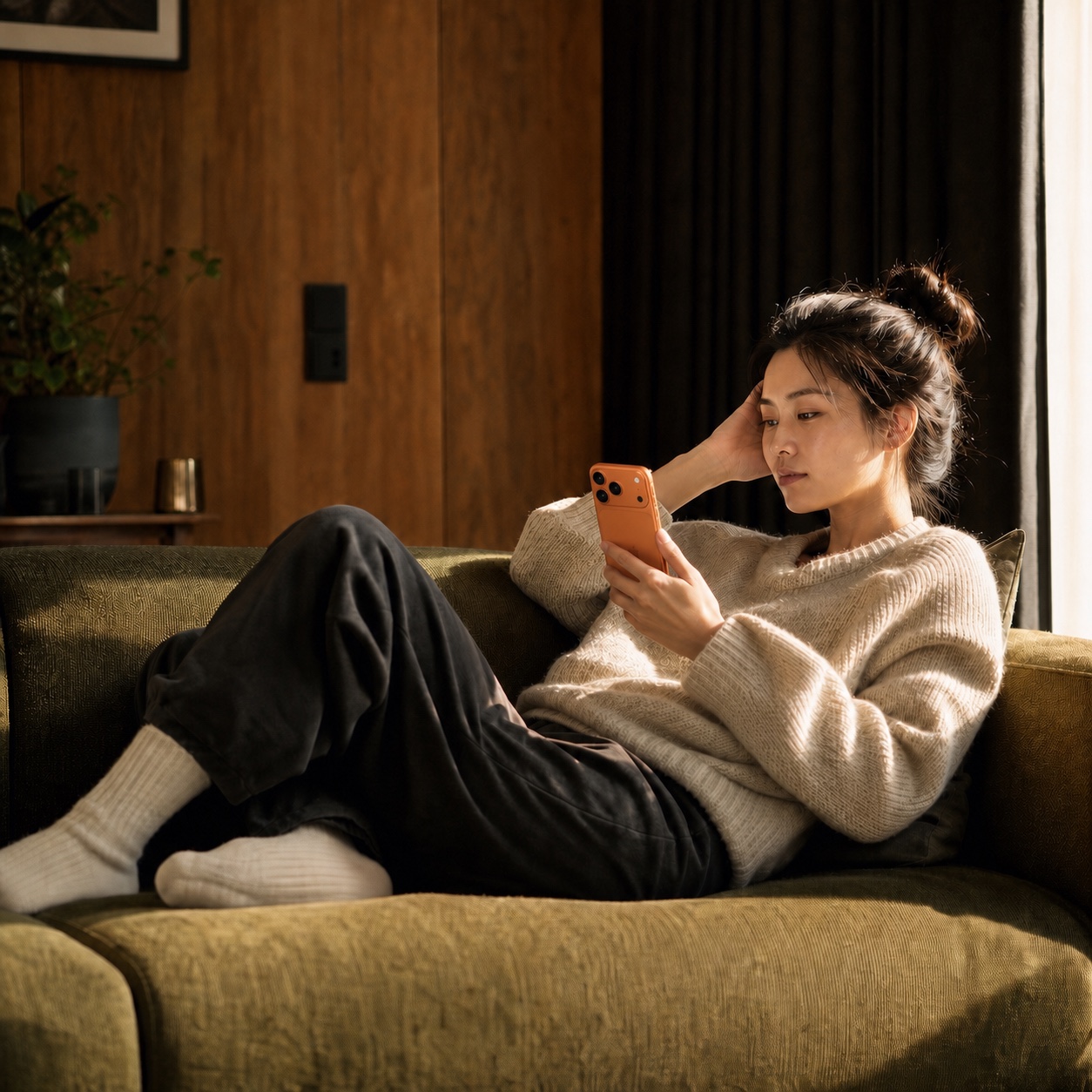 A woman reviewing short-form video creative on her phone from a living-room sofa