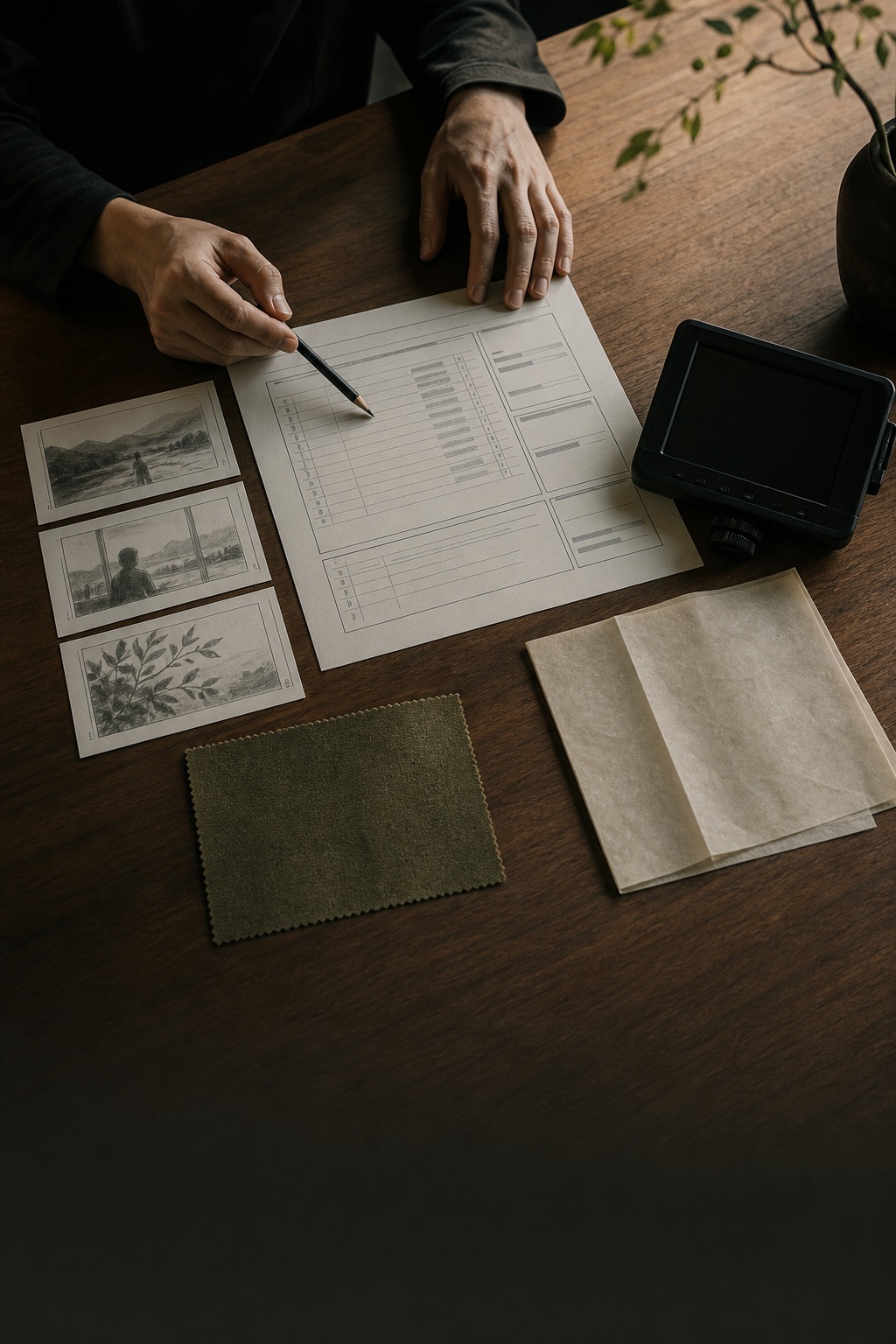 A producer planning a video scope with storyboards, shot notes and a monitor on a walnut table.