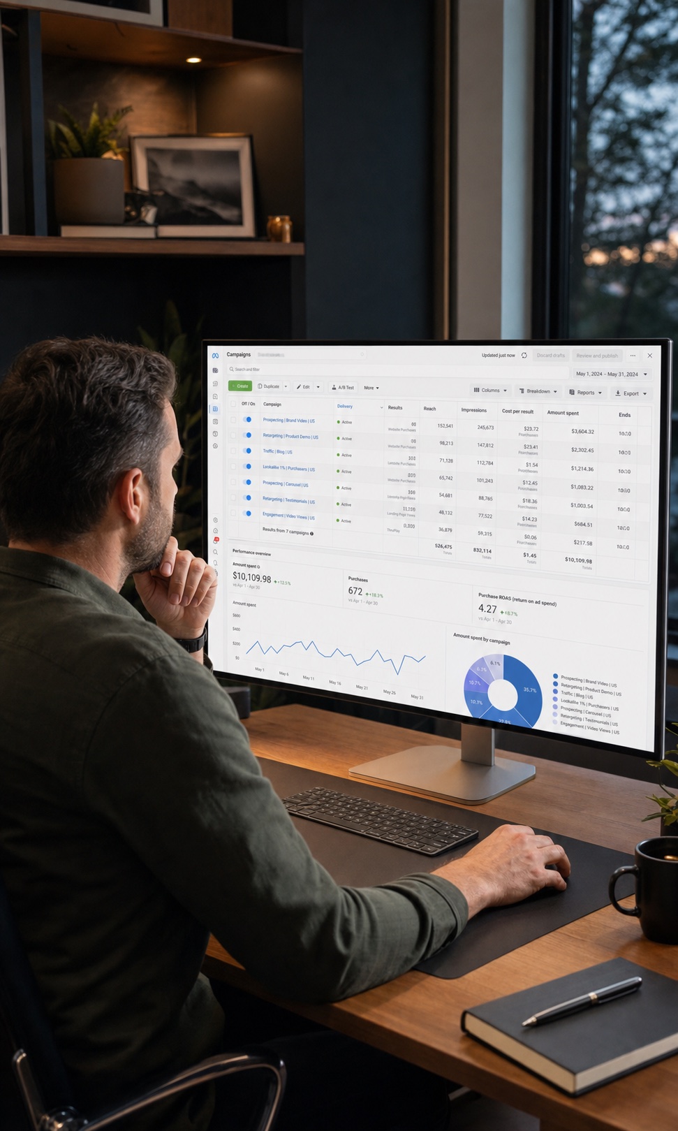 An American performance marketer reviewing Meta Ads campaign statistics on a desktop monitor.