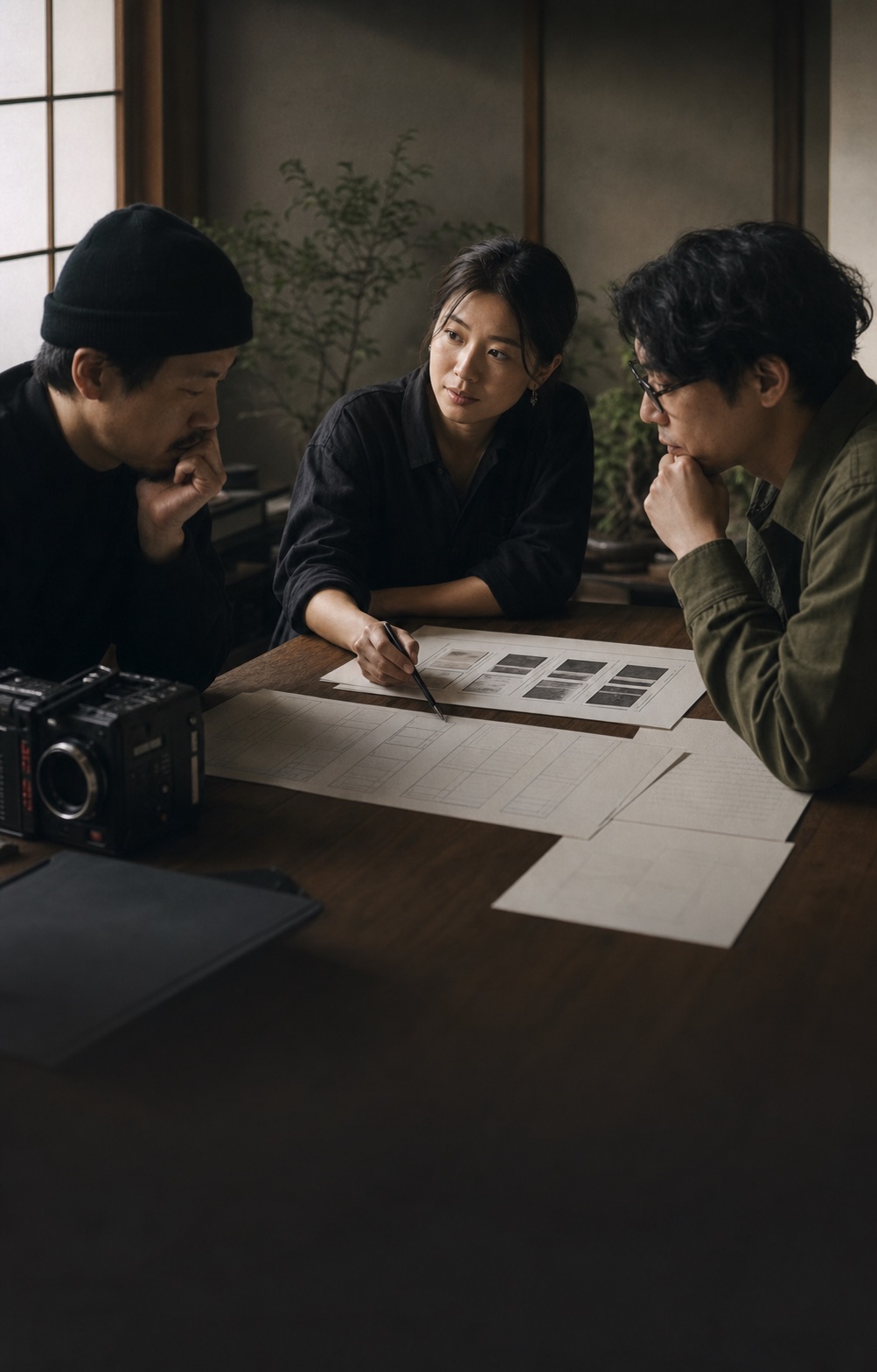 A producer and two creative specialists reviewing storyboard frames together in a quiet studio.