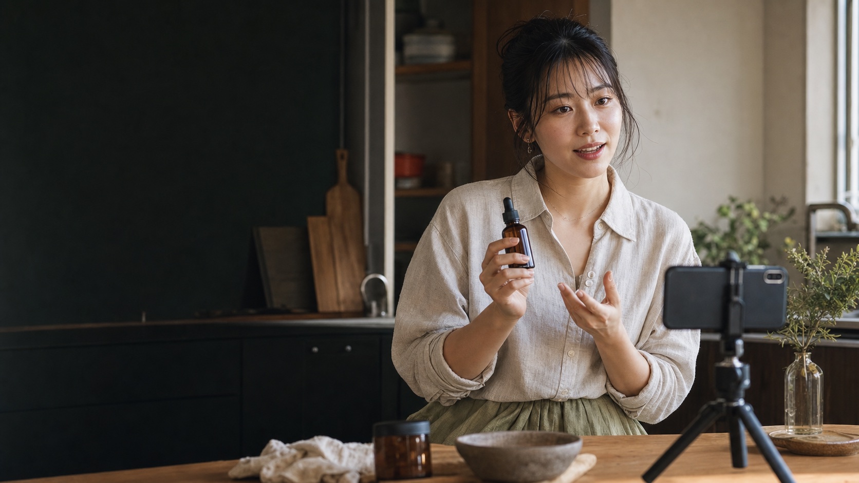 A fictional AI performer demonstrates an unbranded skincare bottle to a phone camera in a warm apartment kitchen.